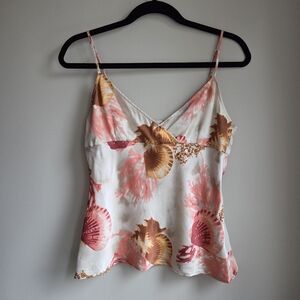 100% Silk Floral Shell Print Spaghetti Strap Cami EUC Size 8-10